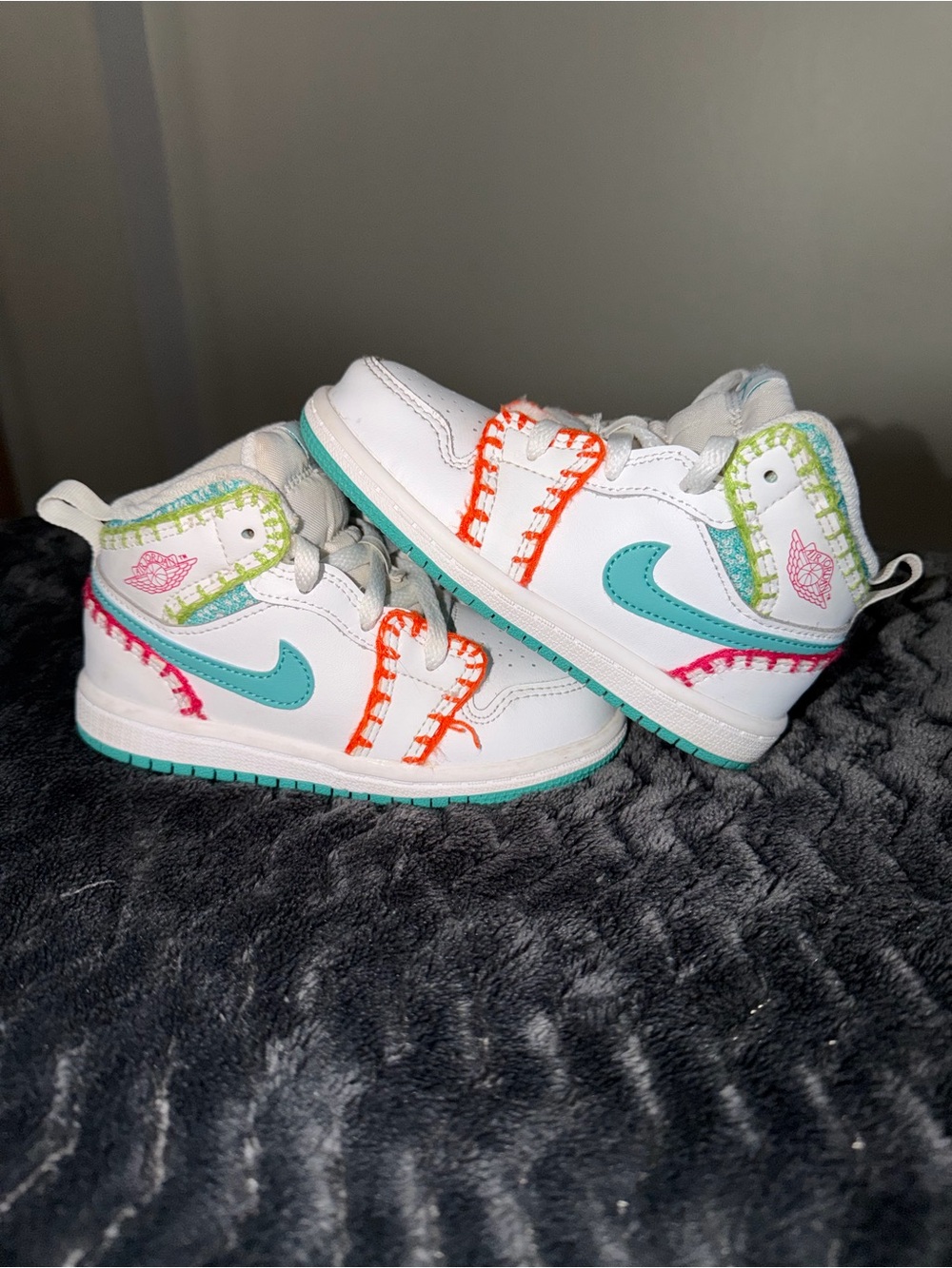Jordan Kids' White Teal High-Top Sneakers with Neon Stitch Accents